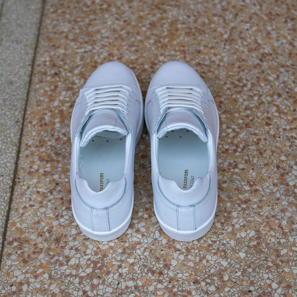 Classic White Calfskin Sneakers by British Passport. Back view.