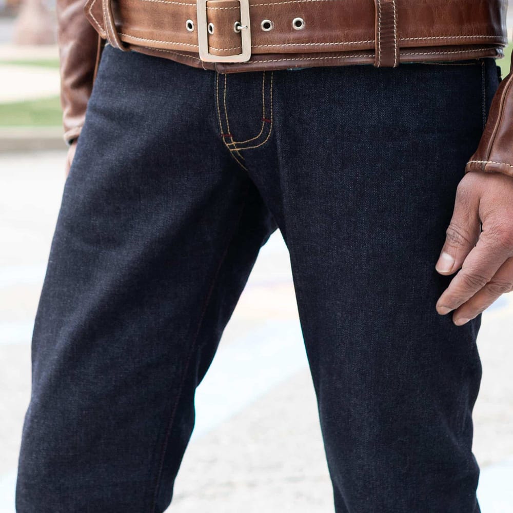 Cobra Broken Twill Selvedge Slim Straight by Crimson Serpents Denim Goods. Front worn close-up view.