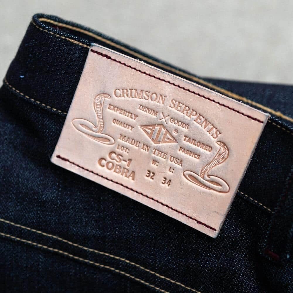 Cobra Broken Twill Selvedge Slim Straight by Crimson Serpents Denim Goods. Leather patch view.