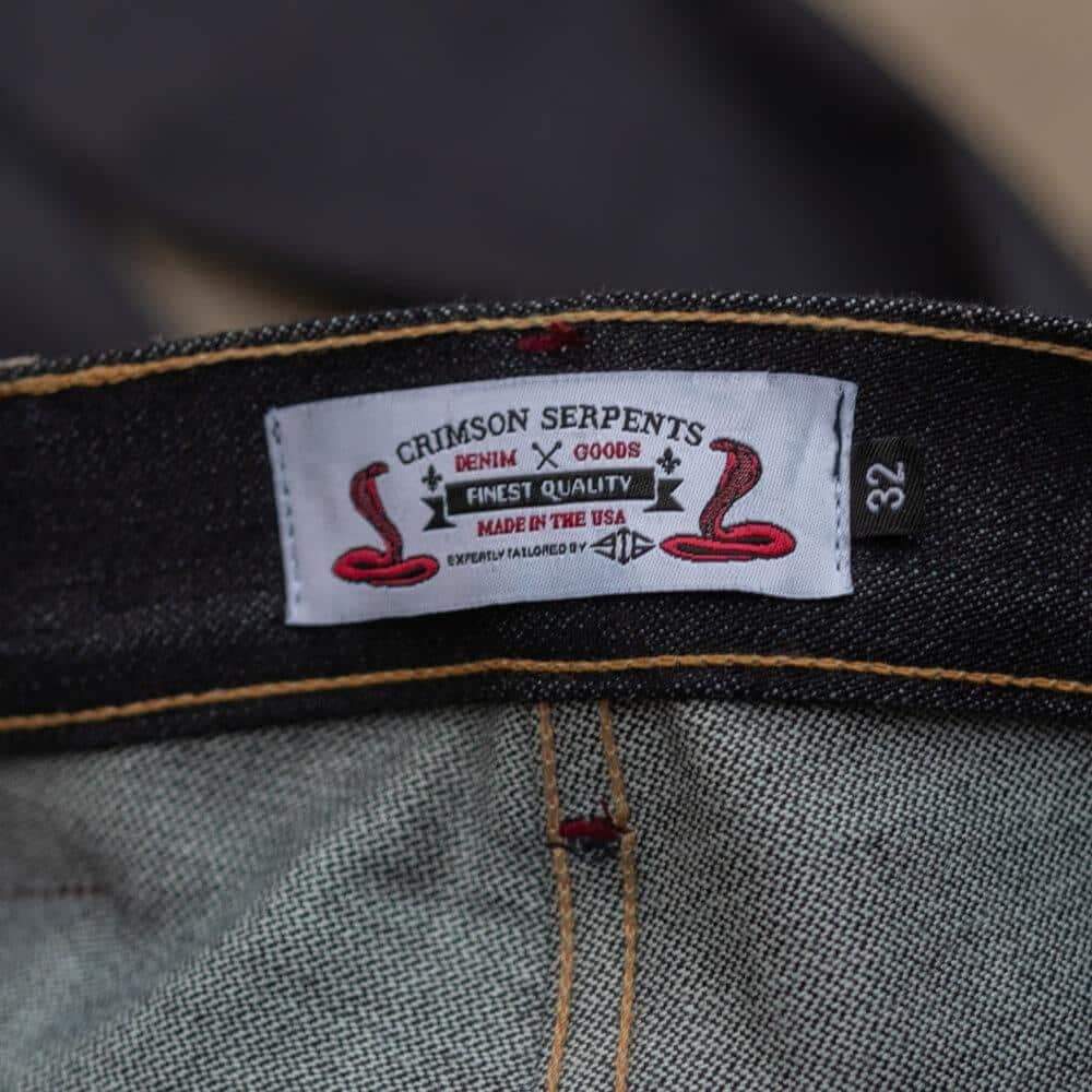 Cobra Broken Twill Selvedge Slim Straight by Crimson Serpents Denim Goods. Woven label view.