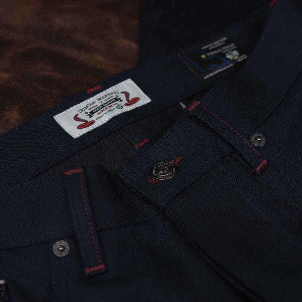 Adder Indigo Black Selvedge by Crimson Serpents Denim Goods. Belt loop view.