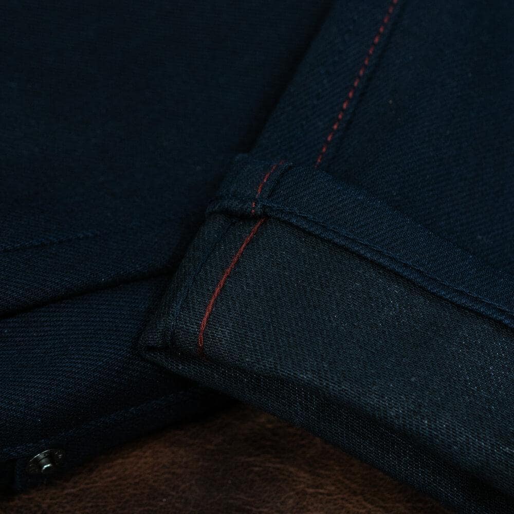 Adder Indigo Black Selvedge by Crimson Serpents Denim Goods. Flat-felled inseam view.