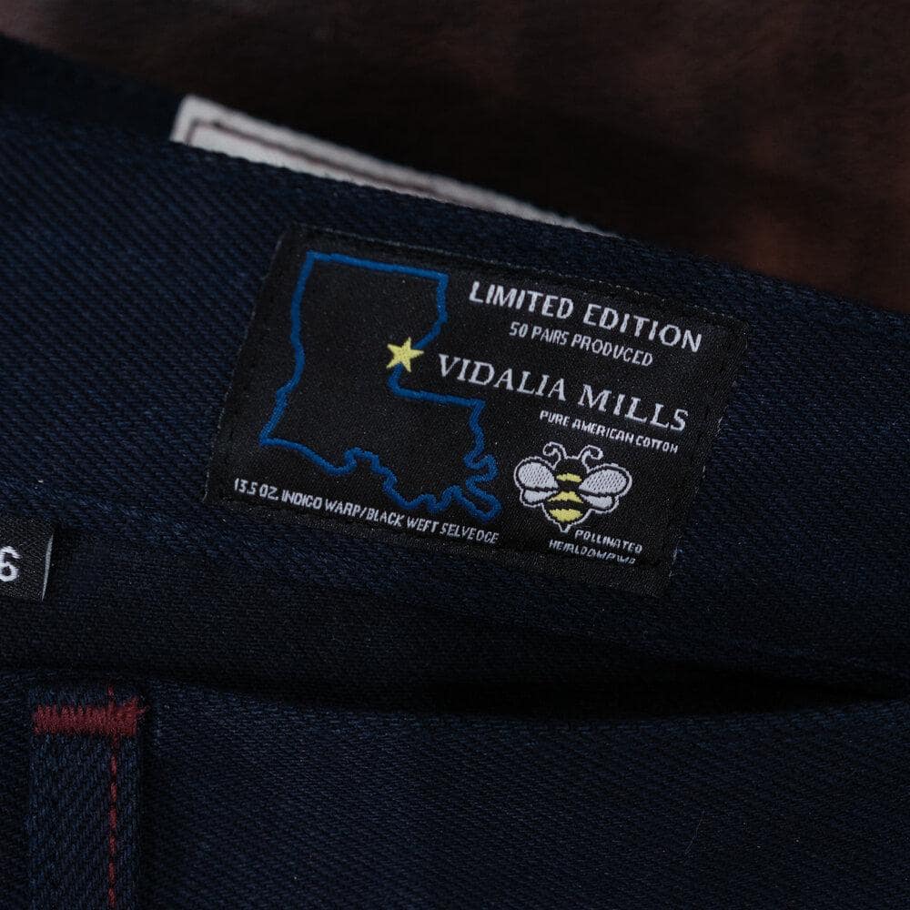 Adder Indigo Black Selvedge by Crimson Serpents Denim Goods. Custom Vidalia Mills label view.