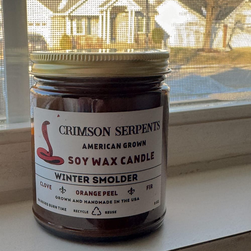 Winter Smolder Soy Candle by Crimson Serpents Outpost.