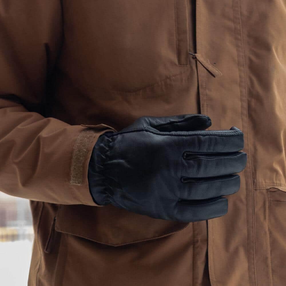 Alpaca Lined Leather Gloves in black. Worn view,