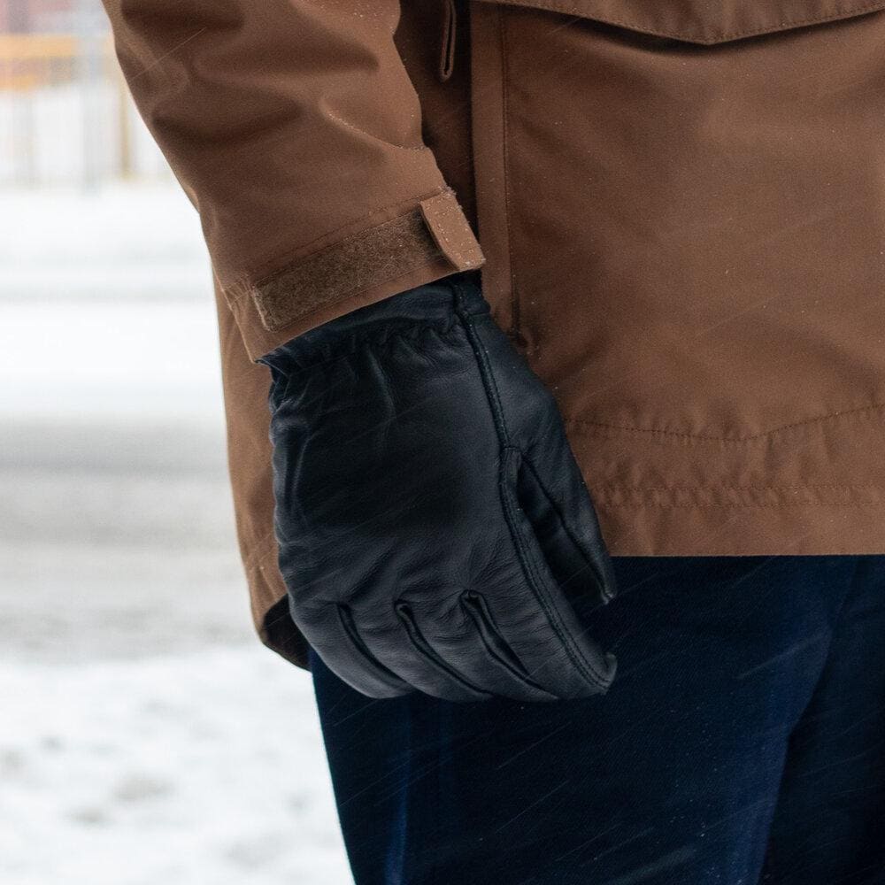 Alpaca Lined Leather Gloves in black. Worn view,