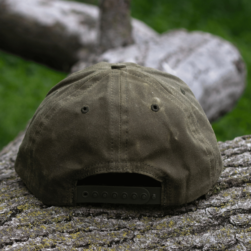 Olive Wax Snapback Hat by The Ampal Creative. Back view.
