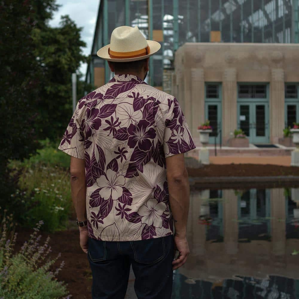 Plum Lanai Aloha Shirt by Two Palms. Back view. Made in Hawaii.