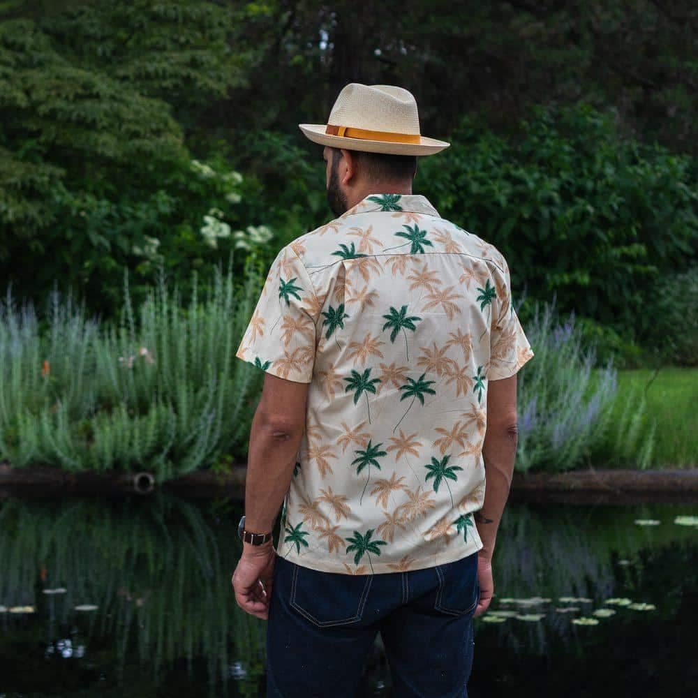 New Palm Aloha Shirt in cream by Two Palms. Back view.