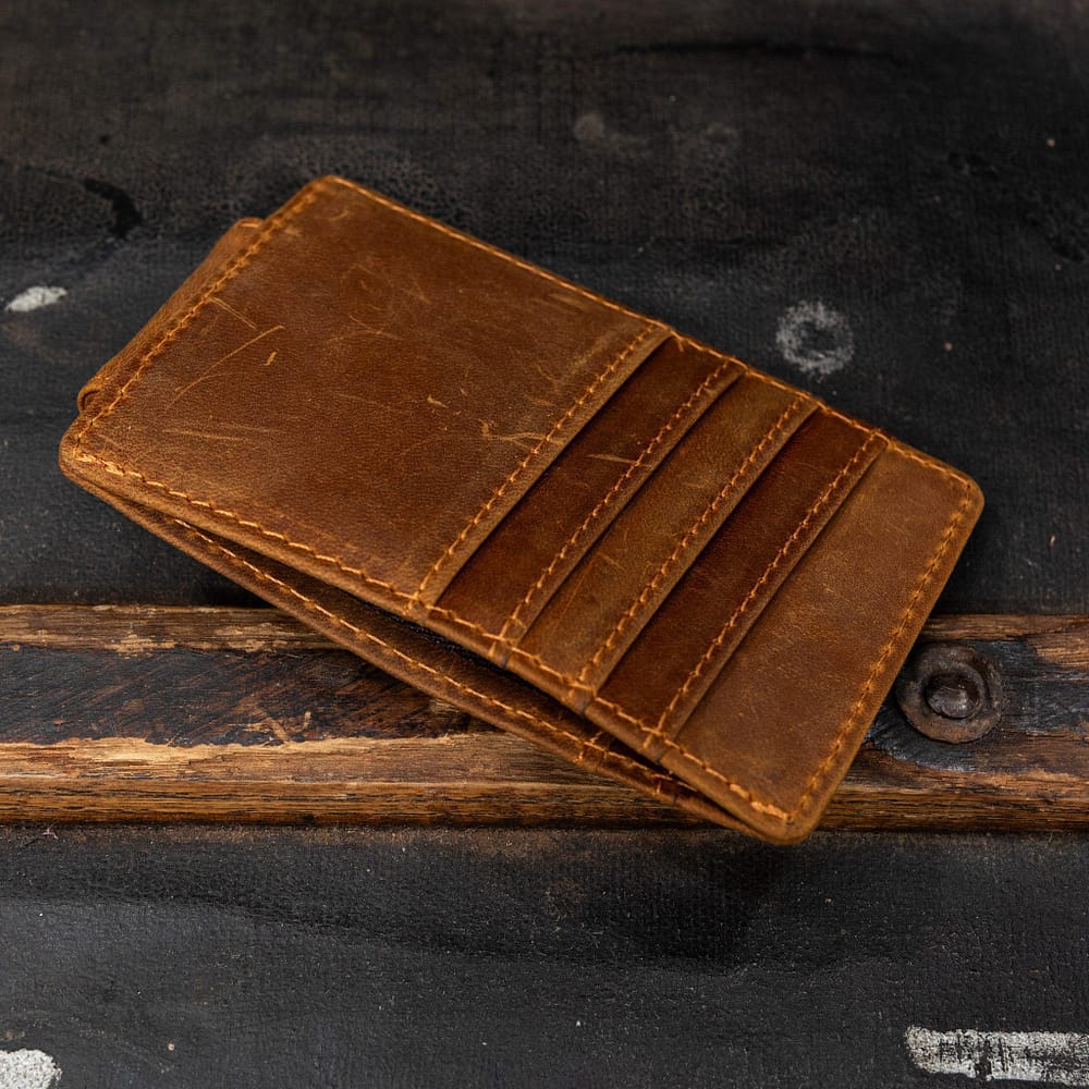 Crazy Horse Leather Wallet. Tan hidden pocket view.