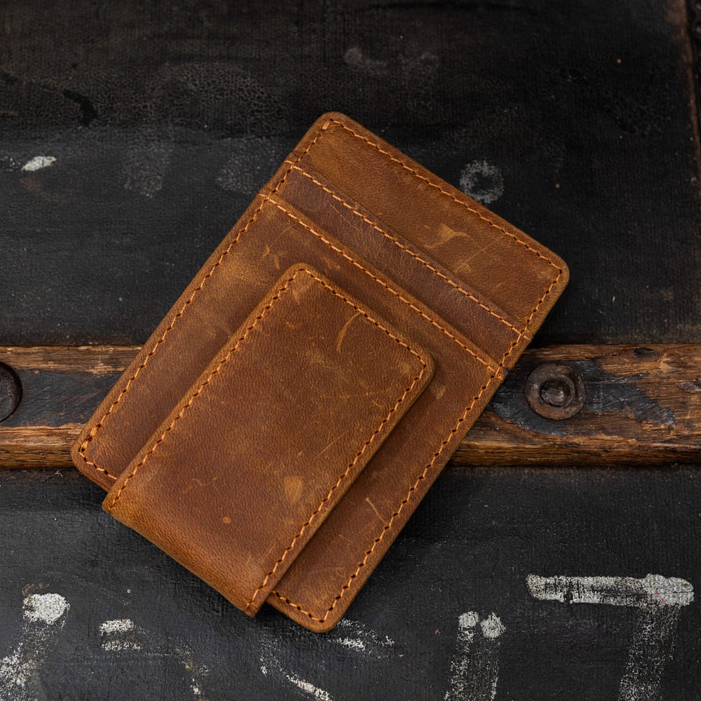 Crazy Horse Leather Wallet. Tan money clip view.