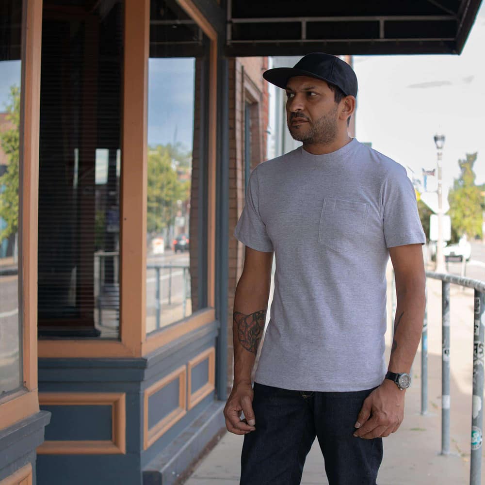Gray Workwear Pocket Tee by US Blanks Worn view #2.