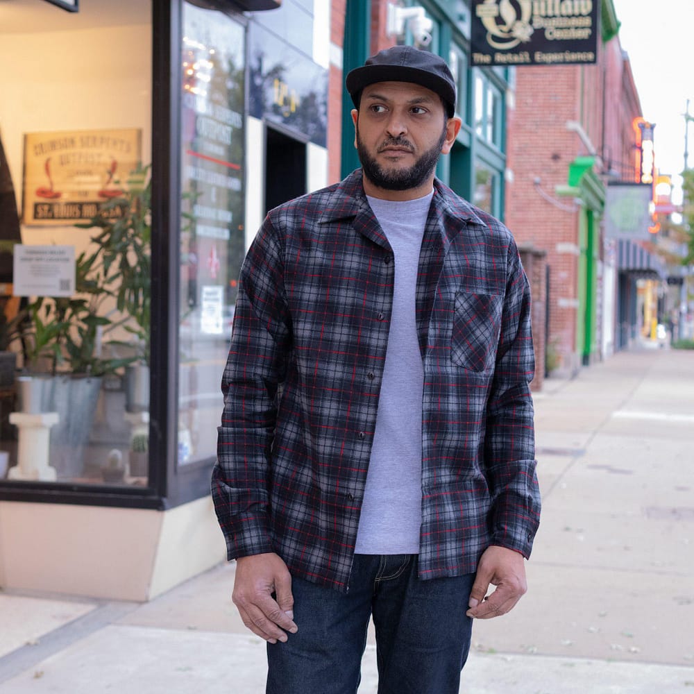 Dark Tartan Flannel Shirt by Upstate Stock. Worn open view #2.