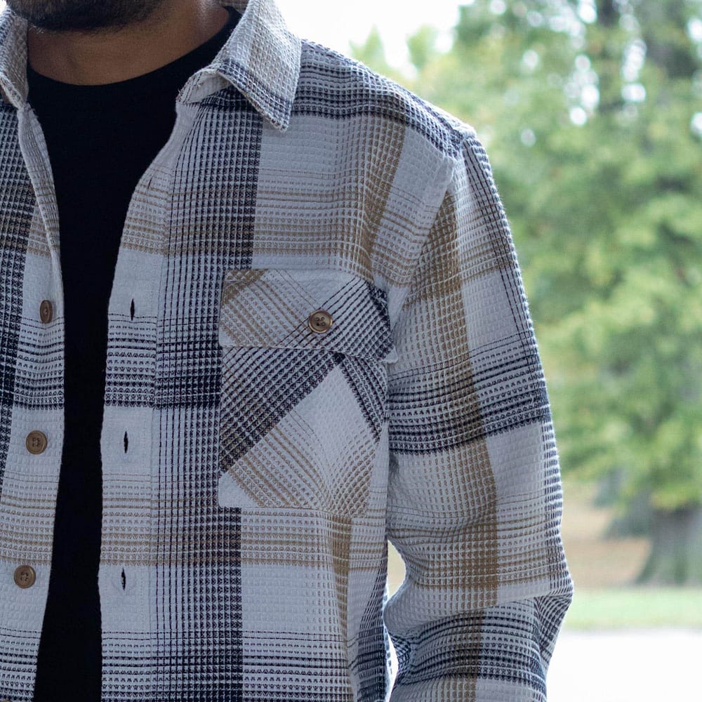 Stonebridge Shirt Jacket by Vustra. Pattern close-up view.