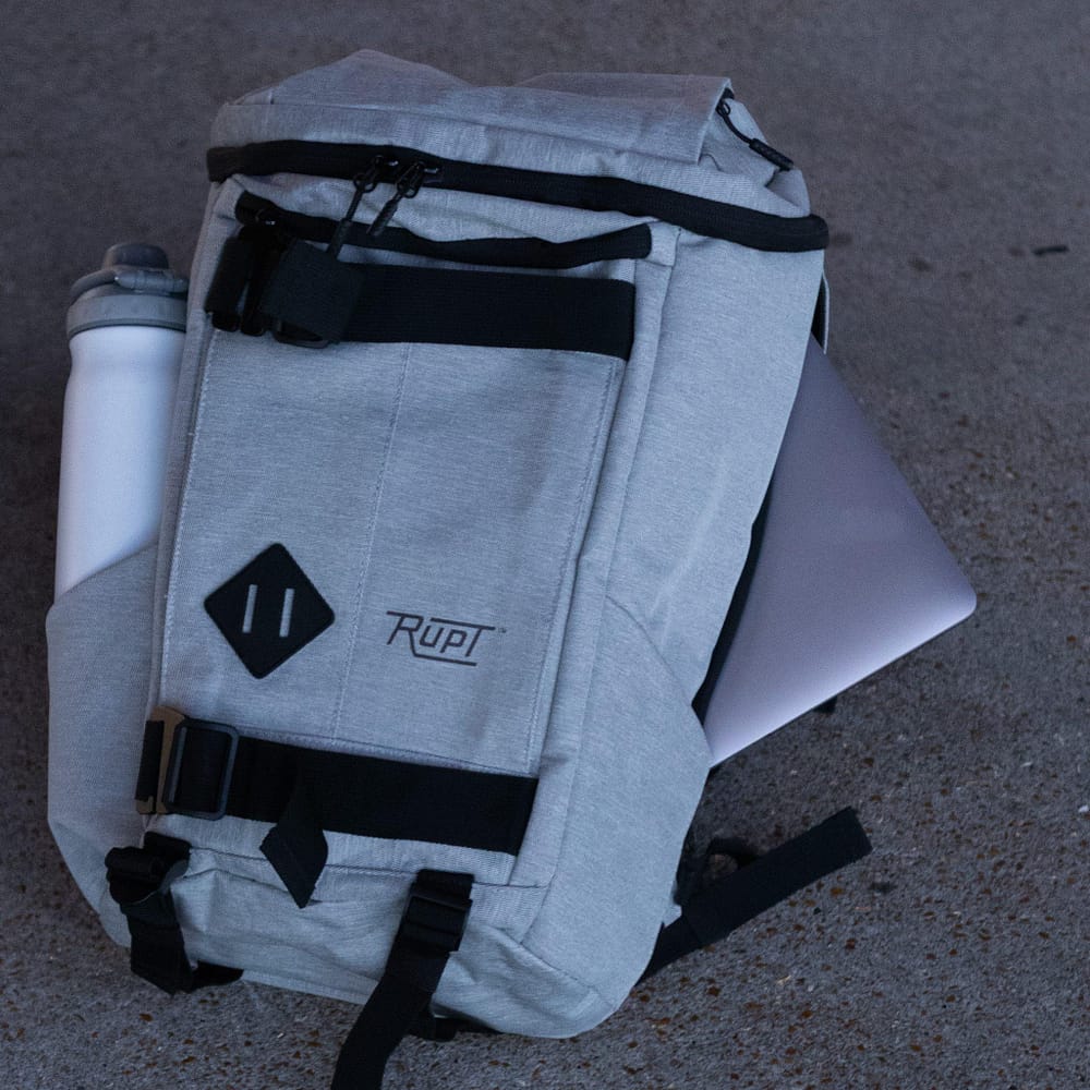 Paso 20L Backpack by Rupt in gray. Laptop compartment location view.